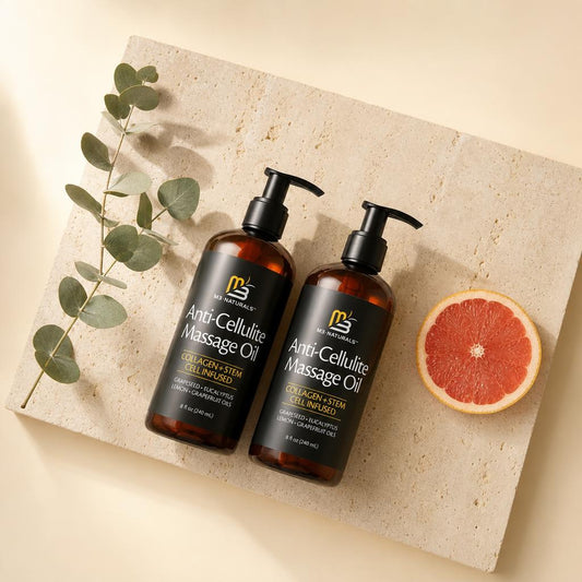 Pack de dos botellas de aceite reafirmante Glow&Firm vistas desde arriba con eucalipto y pomelo
